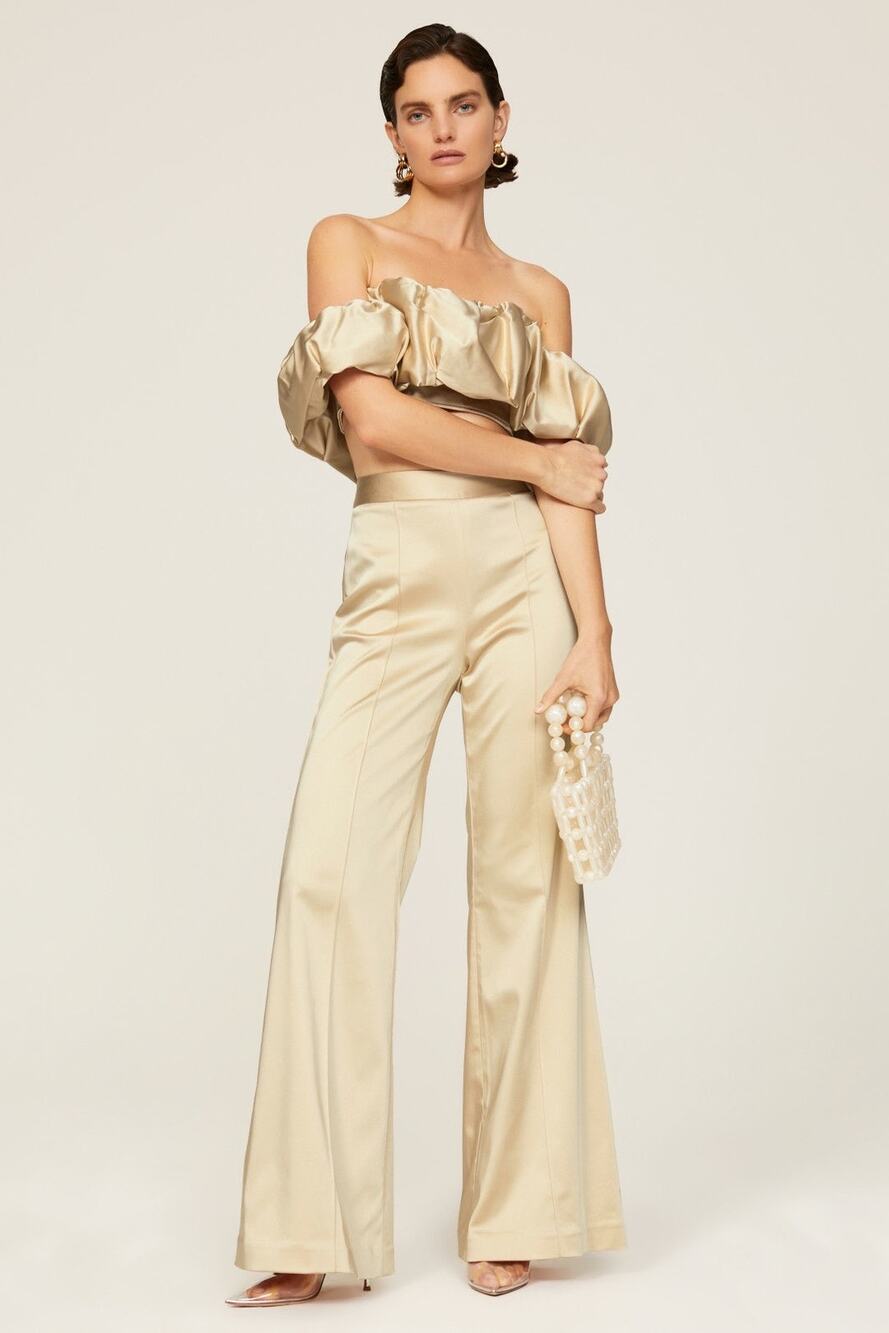 Jonathan Simkhai Duchesse Gold Satin High Rise Bootcut Wide Leg Dress Pants 10